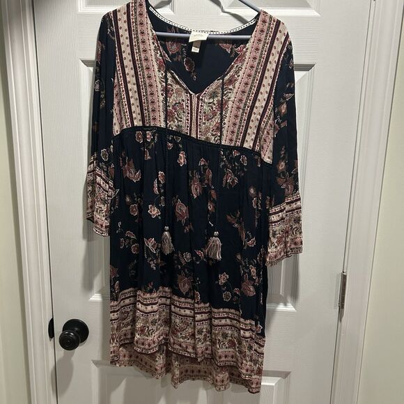 Knox Rose Dress Womens M Floral Boho Chic Tier Rose Tassles Flowy Tunic - Picture 1 of 8